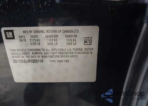 2015 Chevrolet Impala 1Lz из США, поврежденный, VIN 2G1155SL4F9253114